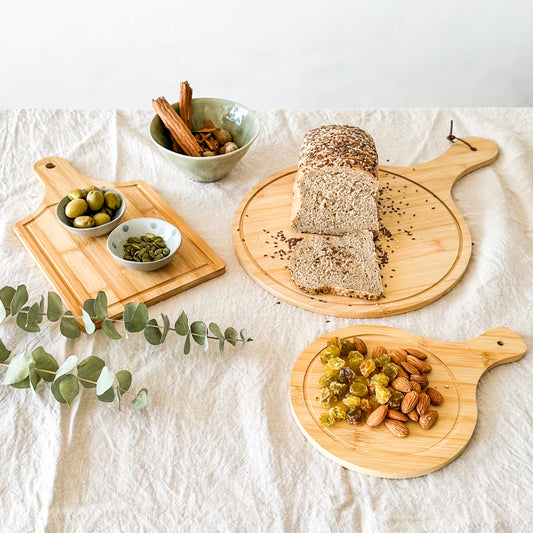 Set 3 Tablas Bambú 44cm, 33cm y 26cm - Picoteo y Pizza bandeja Frank Home Chile