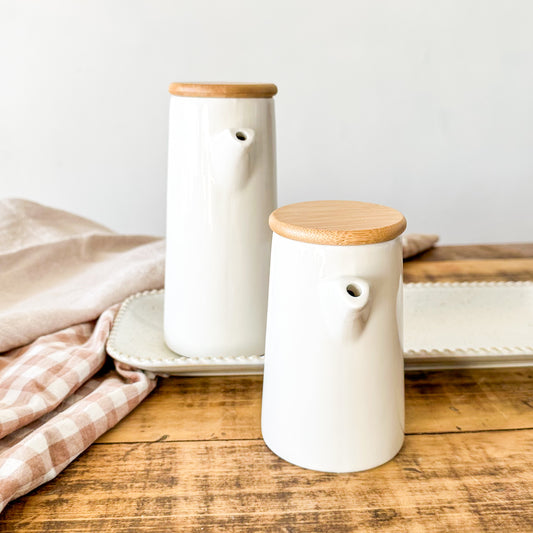 Set 2 Jarras Cerámica Tapa Bambú 17cm y 13cm - Salsas y Aceites Aceitero Frank Home Chile