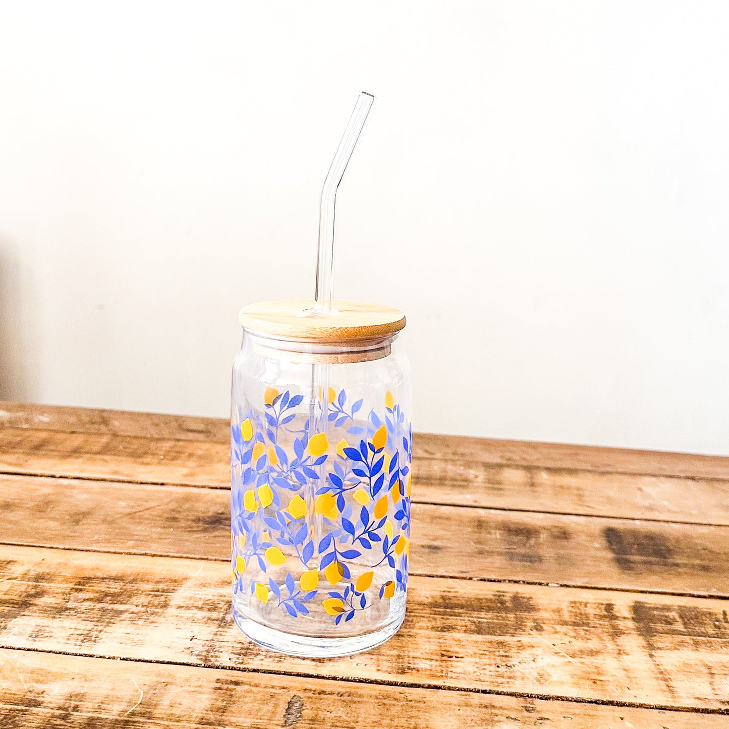 Vaso Vidrio con Bombilla y Tapa Bambú 480ml - Diseño Limón Vasos Frank Home Chile