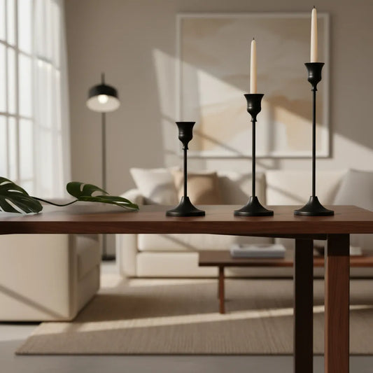 Set 3 Candelabros Altos Metal Negro 33cm, 28cm y 23cm - Elegantes Candelabro Frank Home Chile
