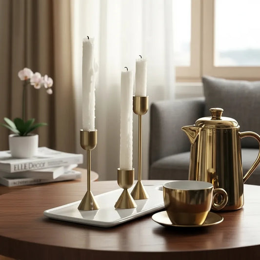 Set 3 Candelabros Dorado Envejecido 19cm, 13cm y 6.5cm - Vintage Candelabro Frank Home Chile