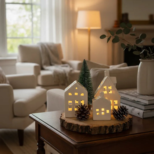 Set 3 Casas Cerámica con Luz Villa Navideña 16.5cm - Iluminadas Adorno Frank Home Chile