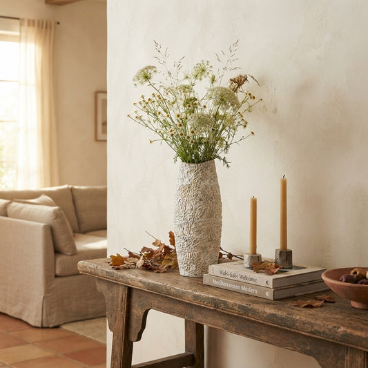 Florero Cerámica Tornasolada Relieve Beige 43 cm