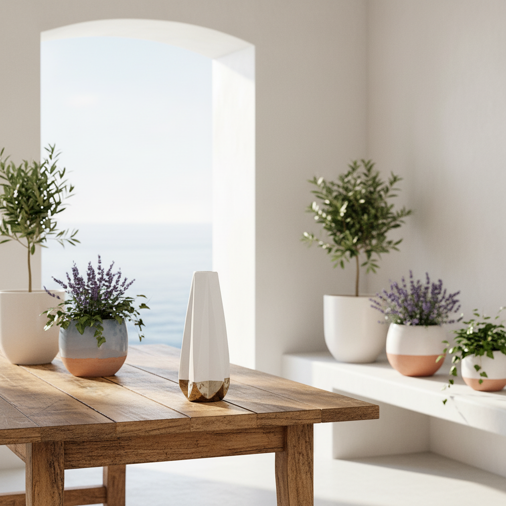 Florero Geométrico Cerámica Blanco Base Plata - Diseño Moderno Florero Frank Home Chile