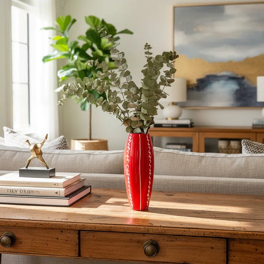 Florero Ovalado Cerámica Esmaltada Roja 30 cm - Líneas Blancas Florero Frank Home Chile