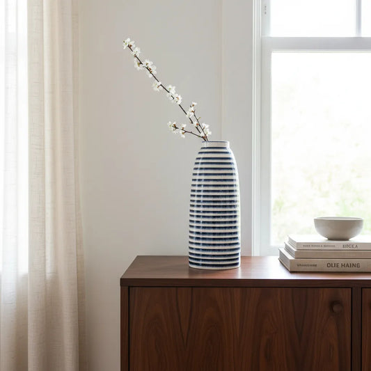 Florero Cerámica Listado Azul Marino 32cm - Acabado Artesanal Florero Frank Home Chile