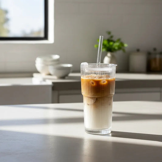 Vaso de vidrio acanalado 600 ml con bombilla Vasos Frank Home Chile