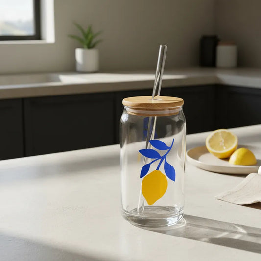 Vaso Vidrio con Bombilla y Tapa Bambú 480ml - Diseño Limón Vasos Frank Home Chile