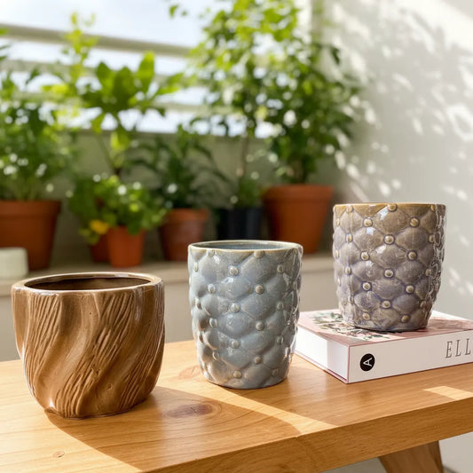 Porta Maceteros Cerámica Esmaltada Azul y Café - Set 2 Diseños Porta Macetero Frank Home Chile