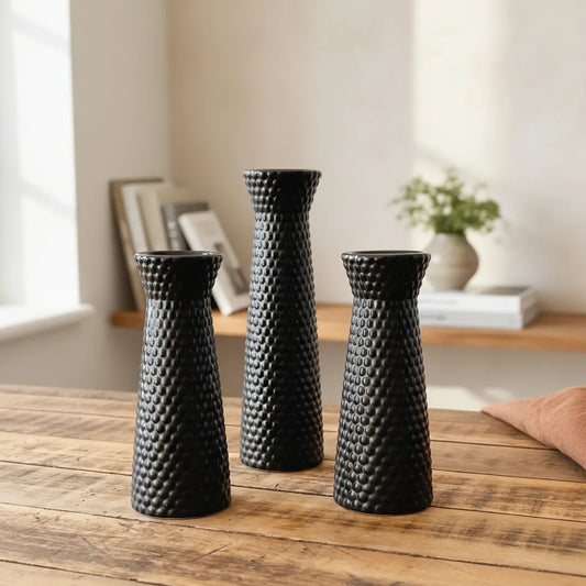 Set 3 Bases Porta Vela Cerámica Negra Textura - 25.5cm y 19cm Candelabro Frank Home Chile