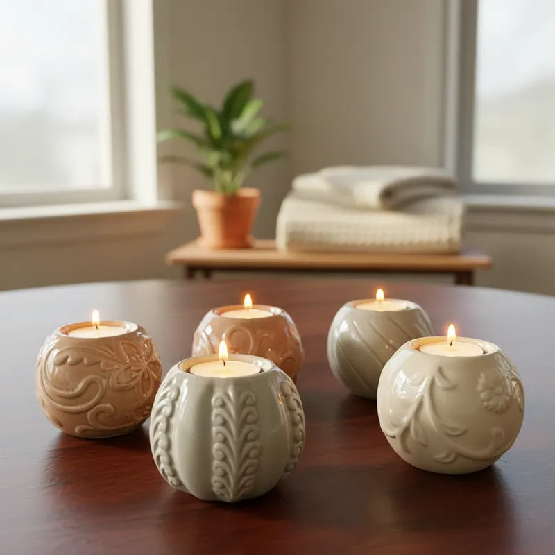 Set 5 Porta Velas Cerámica Esmaltada Relieve Floral Set Porta Velas Frank Home Chile
