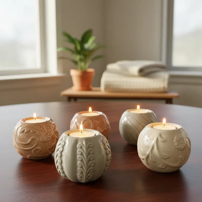 Set 5 Porta Velas Cerámica Esmaltada Relieve Floral Set Porta Velas Frank Home Chile