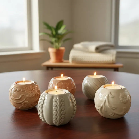 Set 5 Porta Velas Cerámica Esmaltada Relieve Floral Set Porta Velas Frank Home Chile