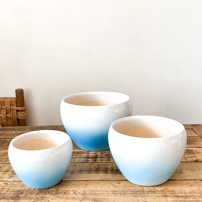 Set 3 Maceteros Cerámica Azul Degradado - Diseño Elegante Blanco Macetero Frank Home Chile