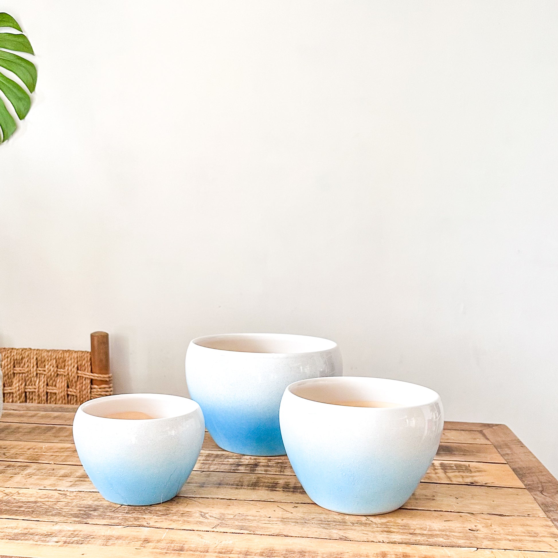 Set 3 Maceteros Cerámica Azul Degradado - Diseño Elegante Macetero Frank Home Chile