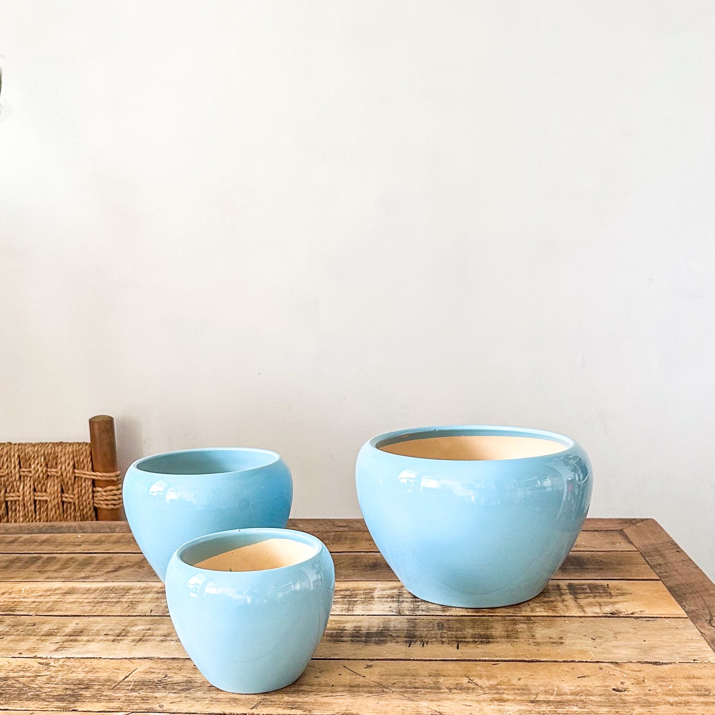 Set 3 Maceteros Cerámica Azul Degradado - Diseño Elegante Turquesa Macetero Frank Home Chile