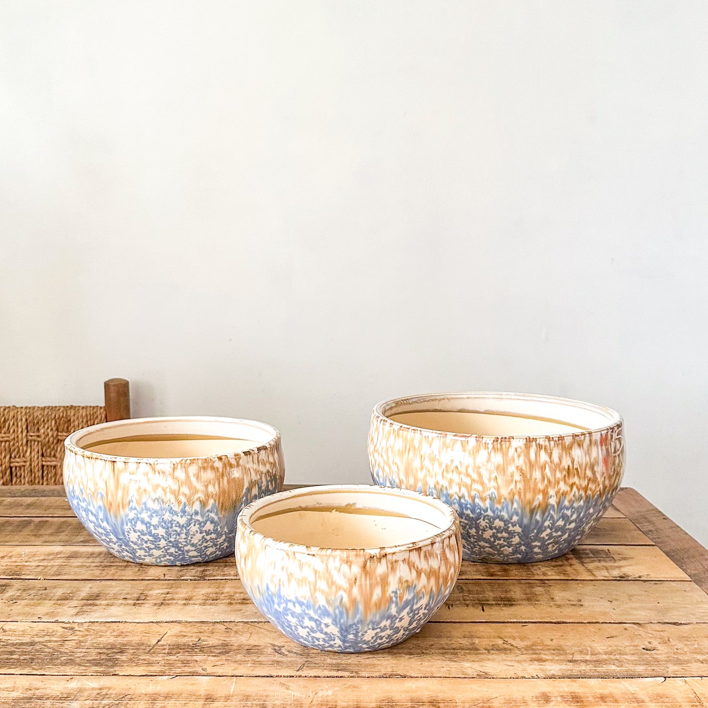 Set 3 Maceteros Cerámica Esmaltada Celeste - Textura Orgánica Macetero Frank Home Chile