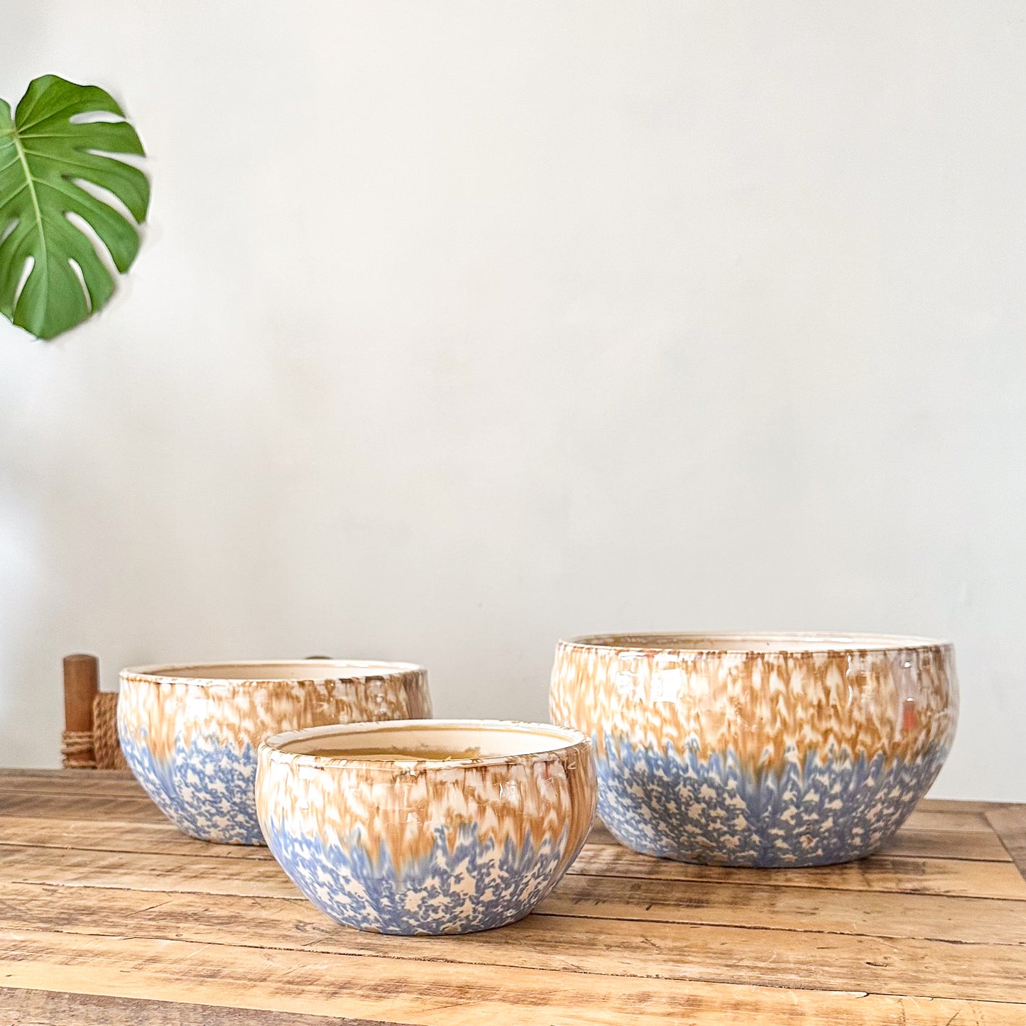 Set 3 Maceteros Cerámica Esmaltada Celeste - Textura Orgánica Macetero Frank Home Chile