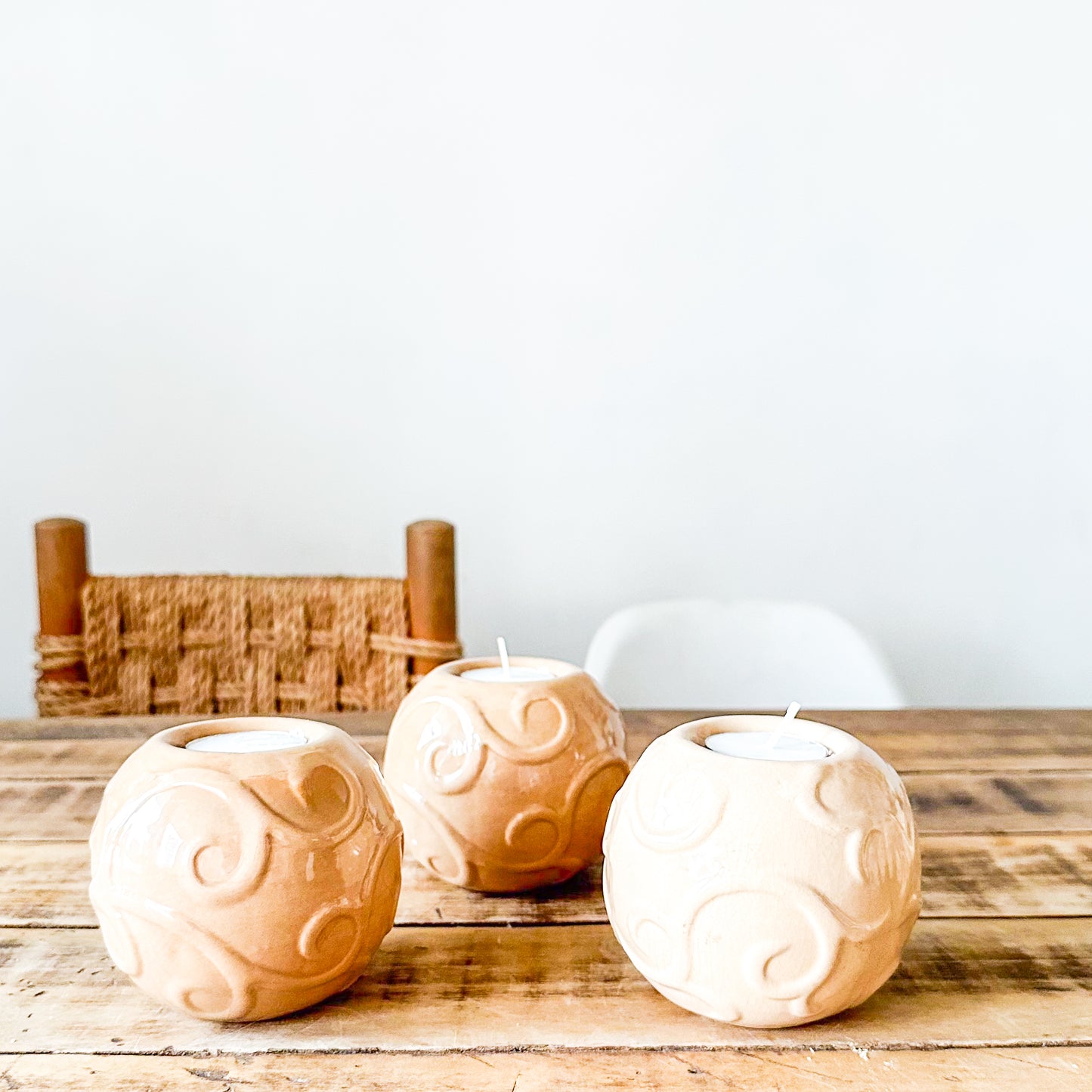 Set 3 Porta Velas Cerámica Esmaltada Relieve Ondas Florales Set Porta Velas Frank Home Chile