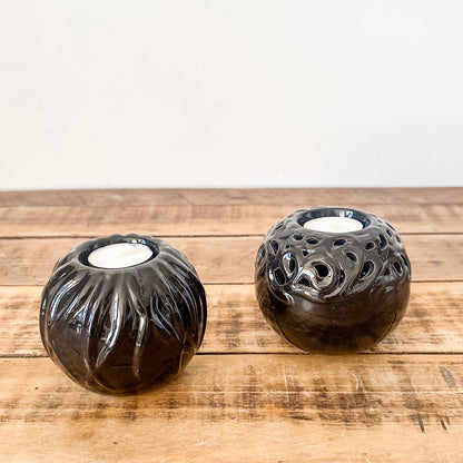 Set 2 Porta Velas Cerámica Esmaltada Negra con Textura 9x9 cm Porta Velas Frank Home Chile
