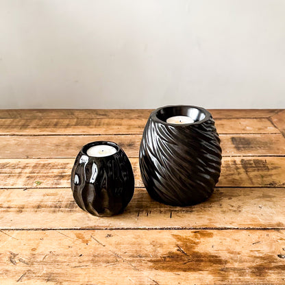 Set 2 Porta Velas Cerámica Esmaltada Negra con Textura 9x9 y 12x12 cm Porta Velas Frank Home Chile
