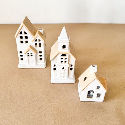 Set 3 Casitas Cerámica Bicolor con Luz Adorno Frank Home Chile
