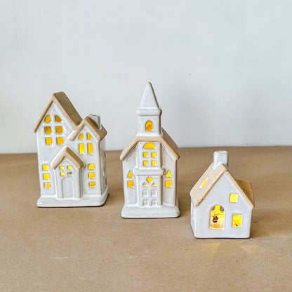 Set 3 Casitas Cerámica Bicolor con Luz Adorno Frank Home Chile