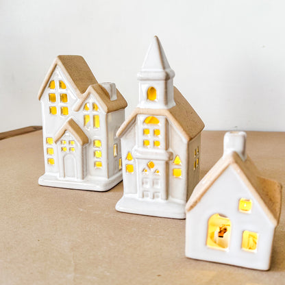 Set 3 Casitas Cerámica Bicolor con Luz Adorno Frank Home Chile