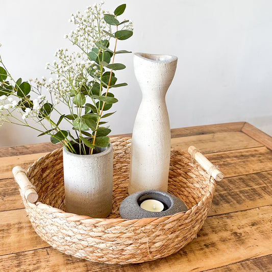 Set Porta Velas y Florero Cemento Blanco Gris 24.5cm - Minimalista Set Porta Velas Frank Home Chile