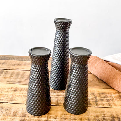 Set 3 Bases Porta Vela Cerámica Negra Textura - 25.5cm y 19cm Candelabro Frank Home Chile