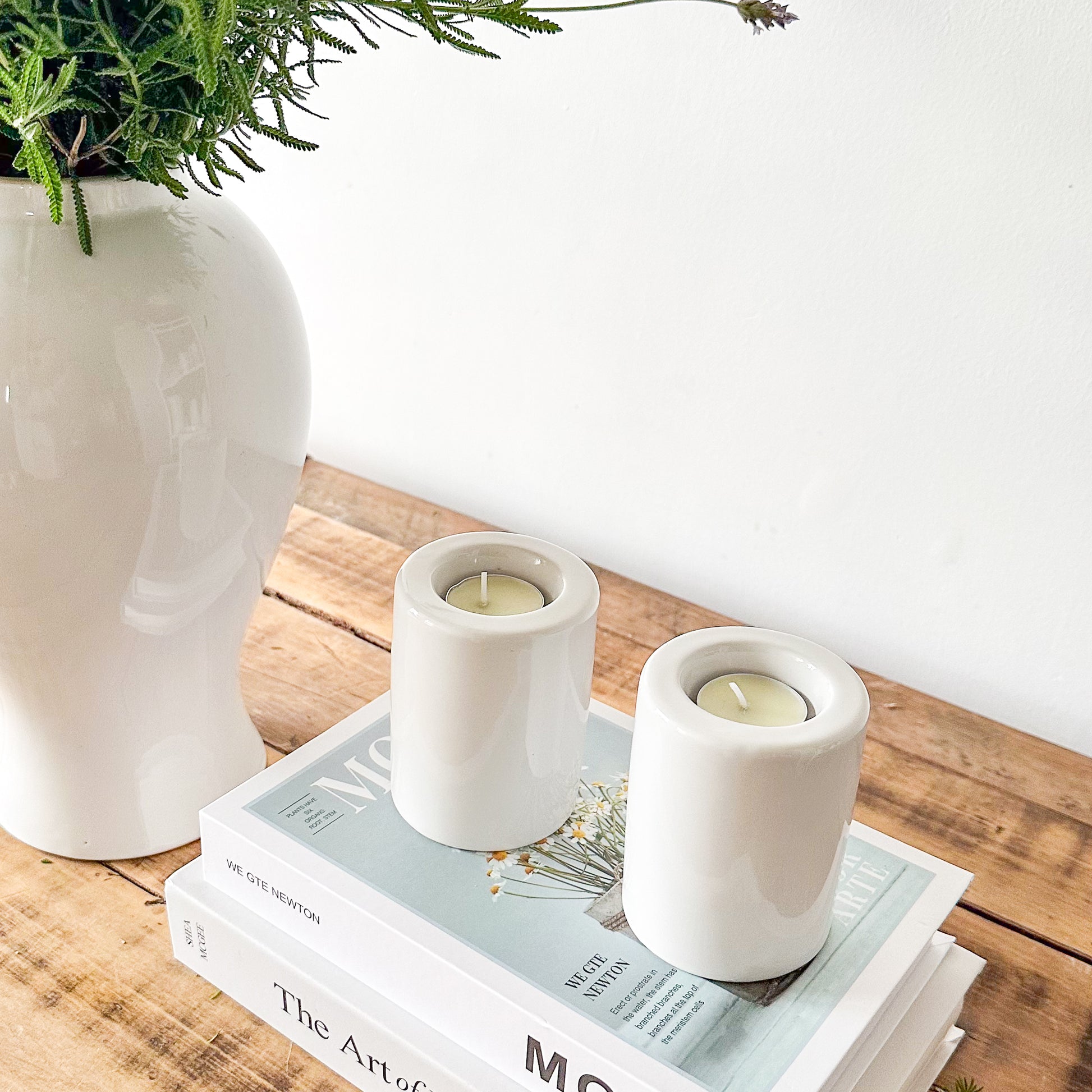 Set 2 Porta Velas Cerámica Esmaltada Blanca 9cm - Minimalista Porta Vela Frank Home Chile