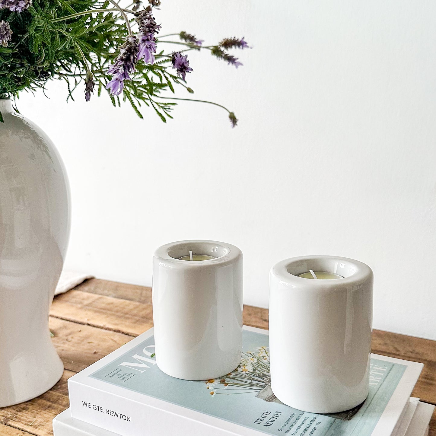 Set 2 Porta Velas Cerámica Esmaltada Blanca 9cm - Minimalista Porta Vela Frank Home Chile