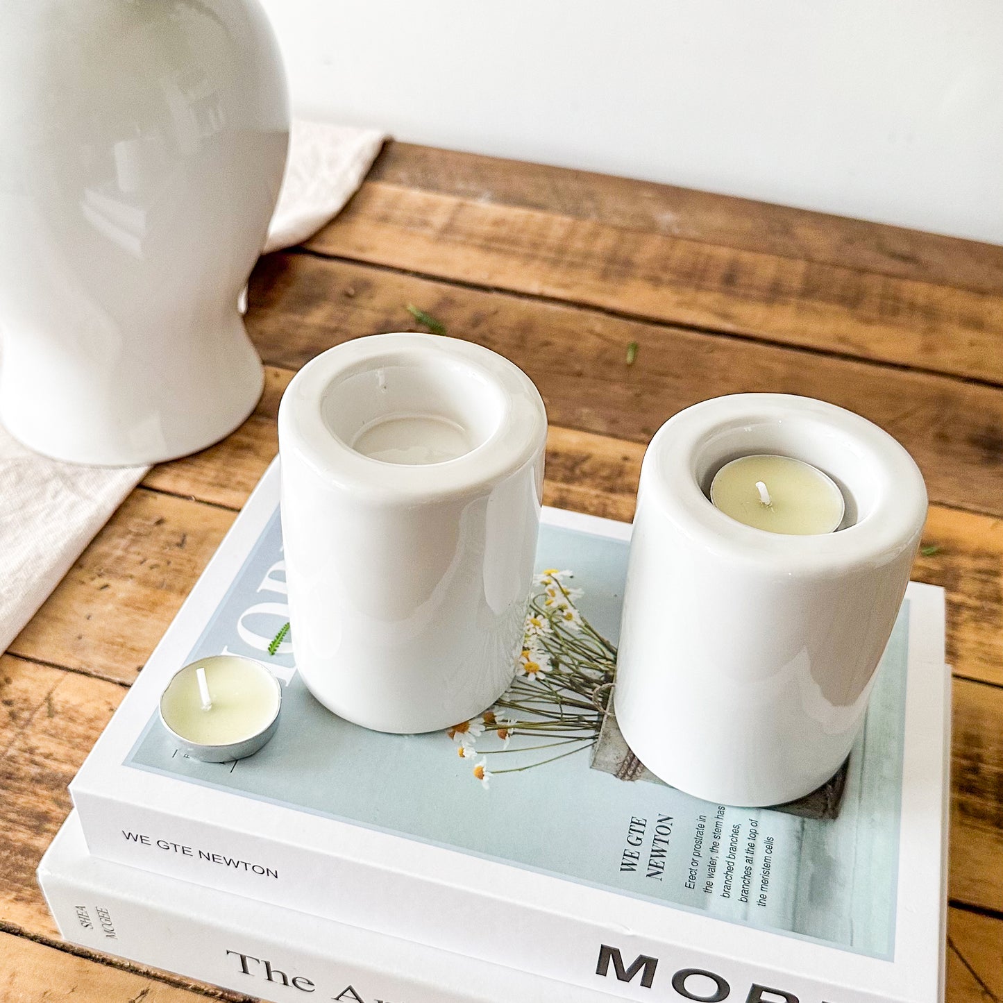 Set 2 Porta Velas Cerámica Esmaltada Blanca 9cm - Minimalista Porta Vela Frank Home Chile