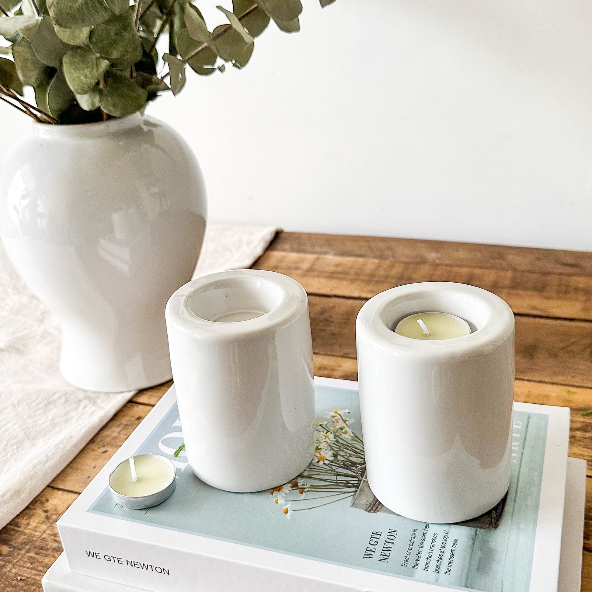 Set 2 Porta Velas Cerámica Esmaltada Blanca 9cm - Minimalista Porta Vela Frank Home Chile