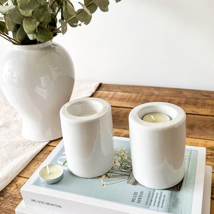 Set 2 Porta Velas Cerámica Esmaltada Blanca 9cm - Minimalista Porta Vela Frank Home Chile