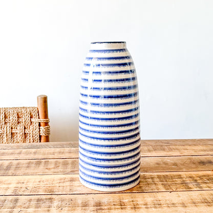 Florero Cerámica Listado Azul Marino 32cm - Acabado Artesanal Turquesa Florero Frank Home Chile
