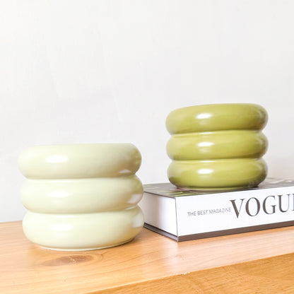 Pots Cerámica Esmaltada Verde Ondas 15cm - Textura Elegante Porta Macetero Frank Home Chile
