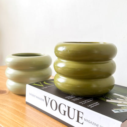 Pots Cerámica Esmaltada Verde Ondas 15cm - Textura Elegante Verde Porta Macetero Frank Home Chile