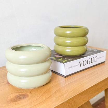 Pots Cerámica Esmaltada Verde Ondas 15cm - Textura Elegante Porta Macetero Frank Home Chile