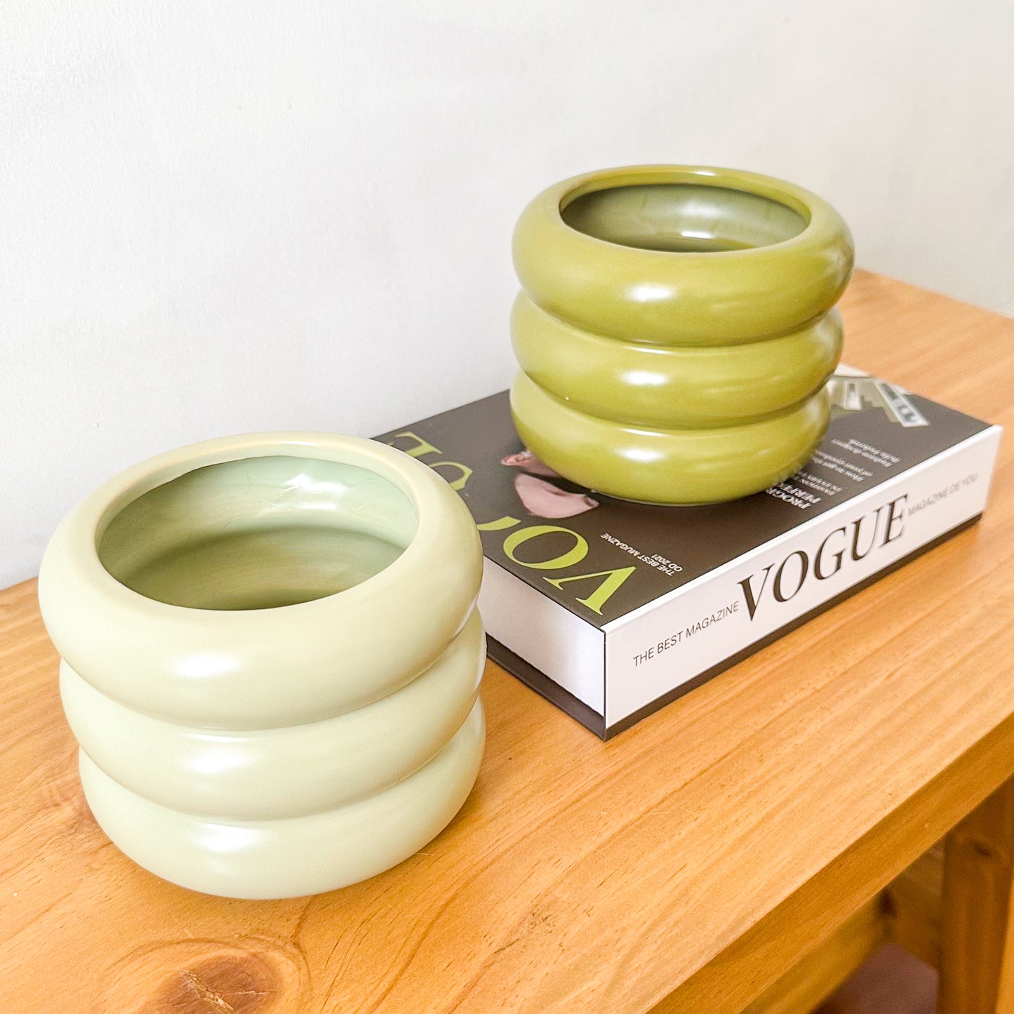 Pots Cerámica Esmaltada Verde Ondas 15cm - Textura Elegante Verde Claro Porta Macetero Frank Home Chile