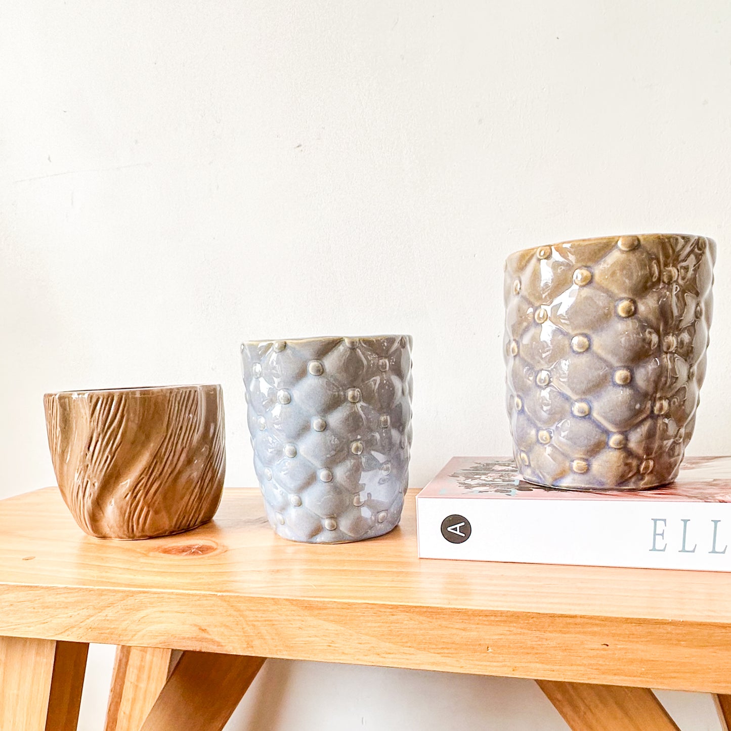 Porta Maceteros Cerámica Esmaltada Azul y Café - Set 2 Diseños Azul Porta Macetero Frank Home Chile