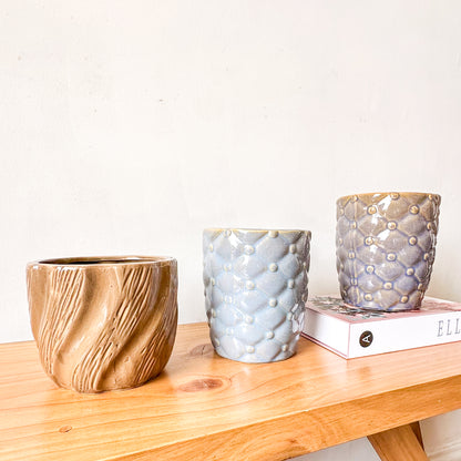 Porta Maceteros Cerámica Esmaltada Azul y Café - Set 2 Diseños Marrón Porta Macetero Frank Home Chile