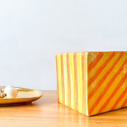 Pot Bicolor Cerámica Esmaltada con Líneas 11.5cm - Diseño Elegante Porta Macetero Frank Home Chile