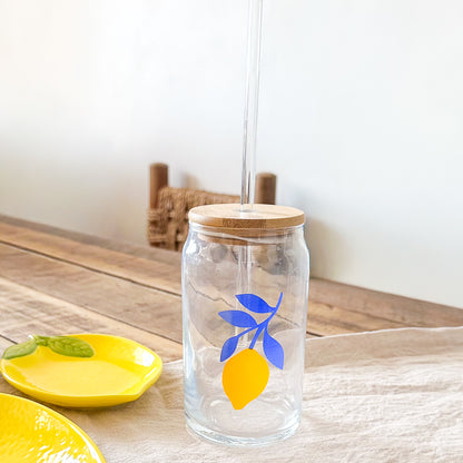 Vaso Vidrio con Bombilla y Tapa Bambú 480ml - Diseño Limón Vasos Frank Home Chile