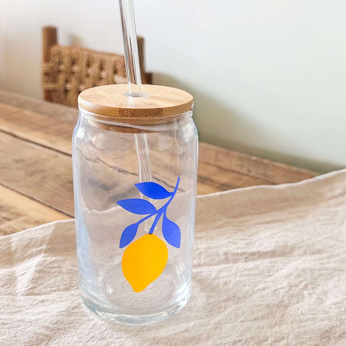 Vaso Vidrio con Bombilla y Tapa Bambú 480ml - Diseño Limón Vasos Frank Home Chile