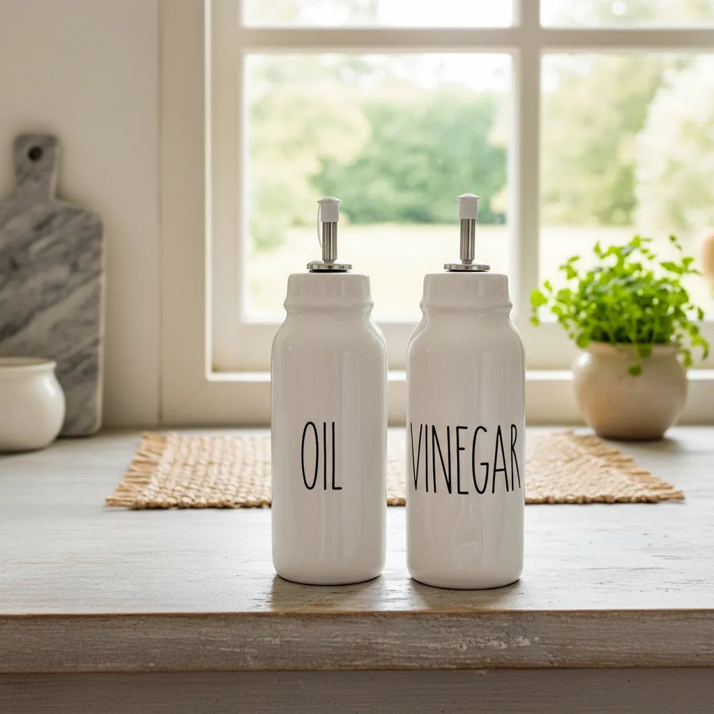 Set Aceite y Vinagre Cerámica 13.5cm - Tapa Silicona Rosca Aceitero Frank Home Chile