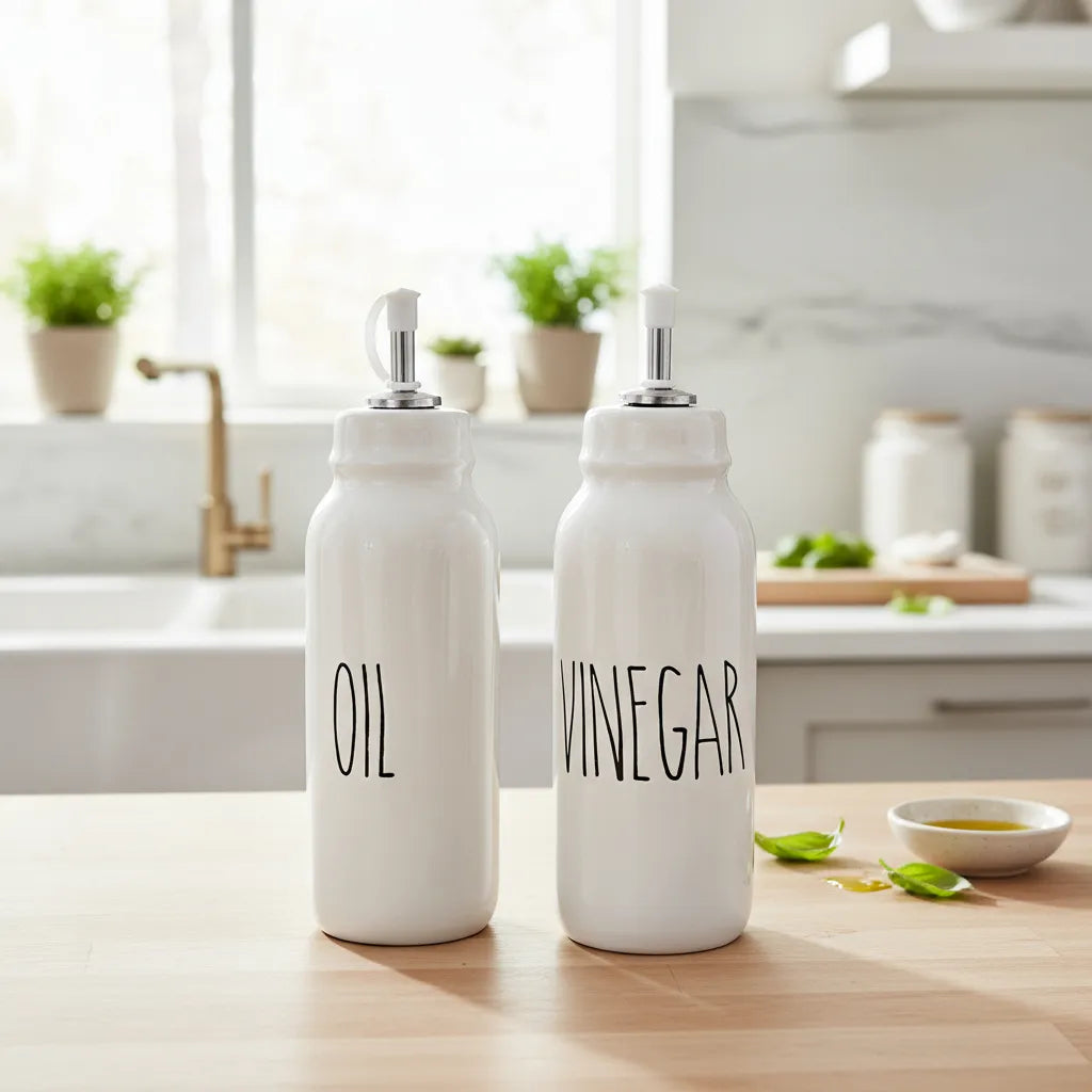 Set Aceite y Vinagre Cerámica 13.5cm - Tapa Silicona Rosca Aceitero Frank Home Chile