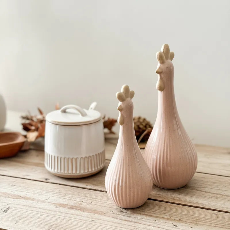 Set Adorno 2 Gallinas Cerámica Rosa Claro - Diseño Encantador Adorno Frank Home Chile