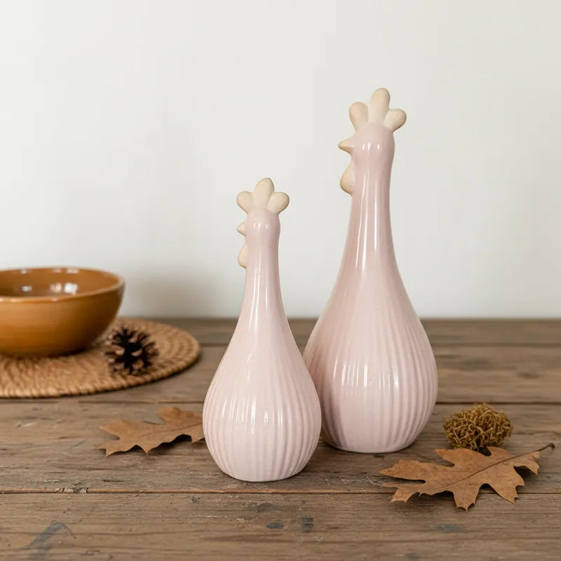 Set Adorno 2 Gallinas Cerámica Rosa Claro - Diseño Encantador Adorno Frank Home Chile