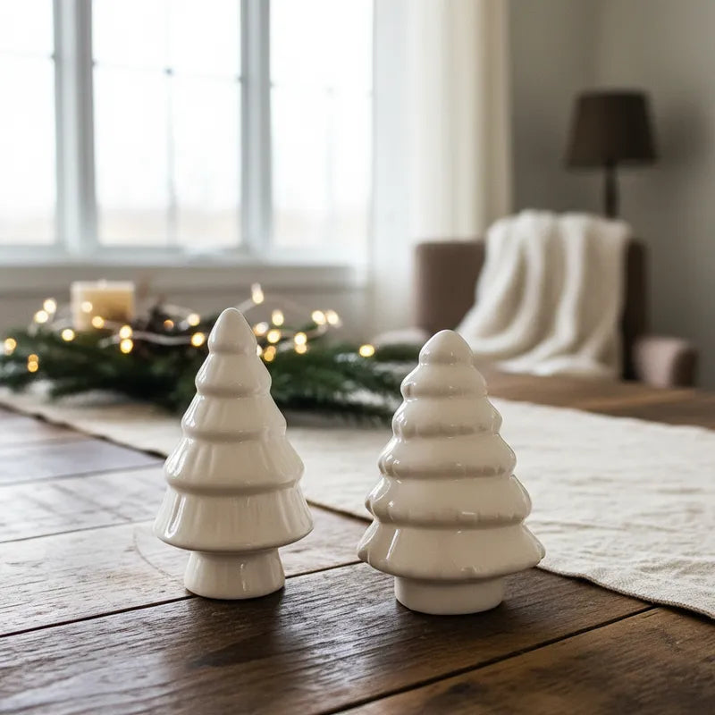 Set 2 Árboles Navidad Cerámica 9cm - Decoración Minimalista Adorno Frank Home Chile